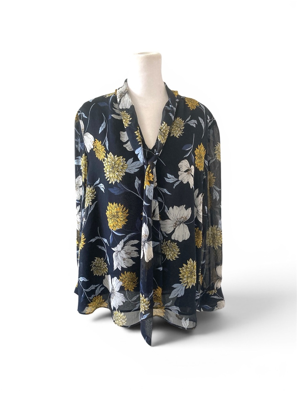 Women’s Large Petite Navy Floral Tie-Neck Blouse Long Sleeves